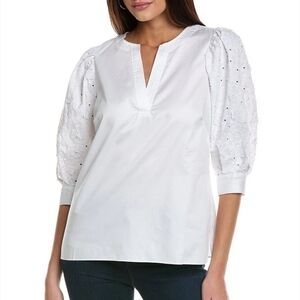Tyler Boe Jenny White Eyelet Embroidered Puff Sleeve Romatic Flowy Poplin Top S